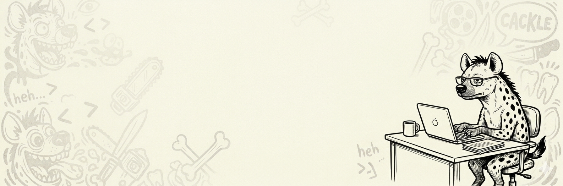 Hyena at a laptop, surrounded by code brackets and doodles