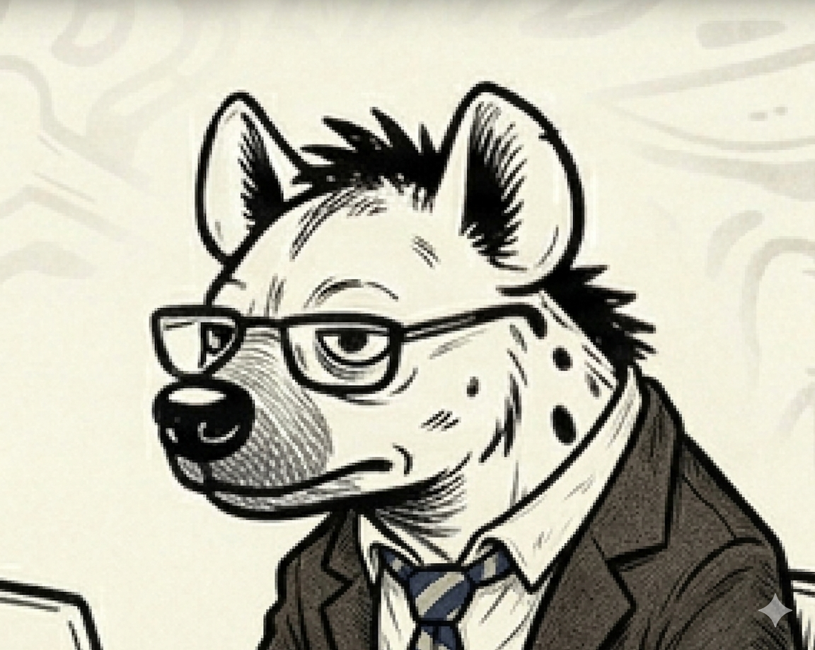 A hyena wearing a business suit and glasses